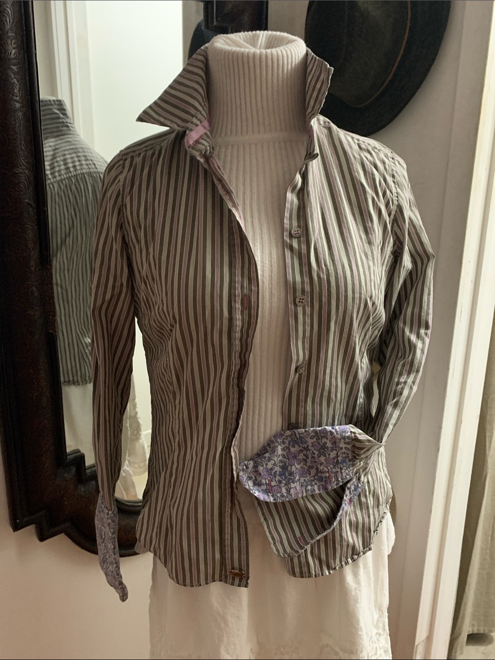 Ted Baker Olive Green and White Striped Button-Down Shirt